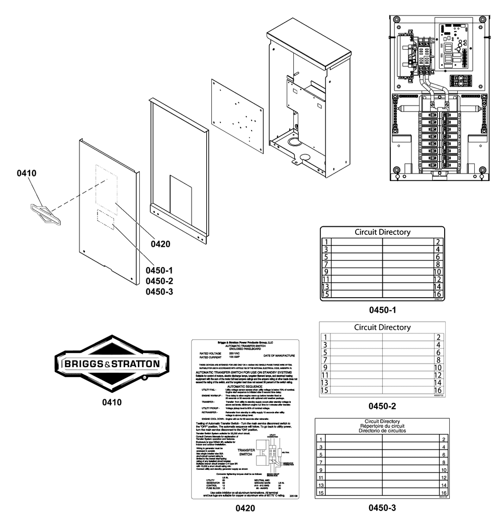 Decals Group - Ats Informational Diagram and Parts List for 040566-00  Briggs and Stratton Generator